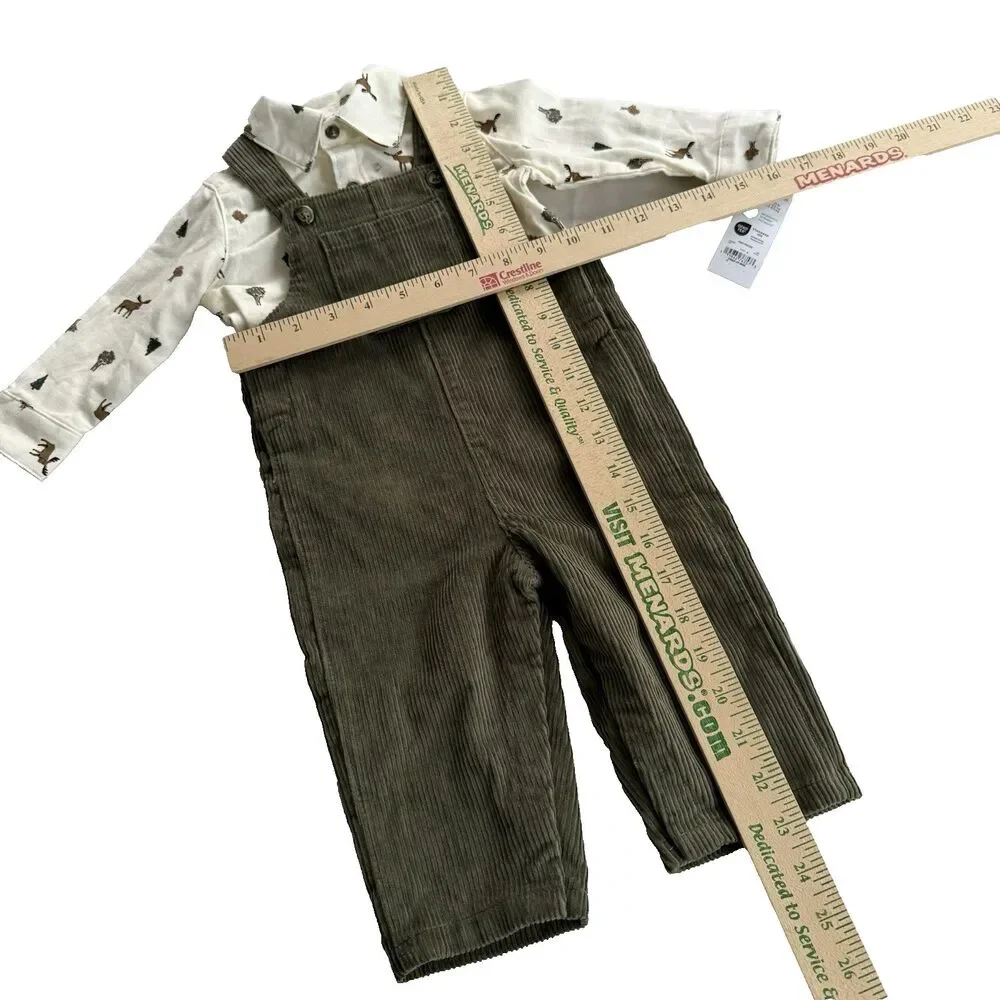 Carter's Baby Boy Corduroy Overall 2 pc Set Moose Green Xmas Woodland 6-9M NWT